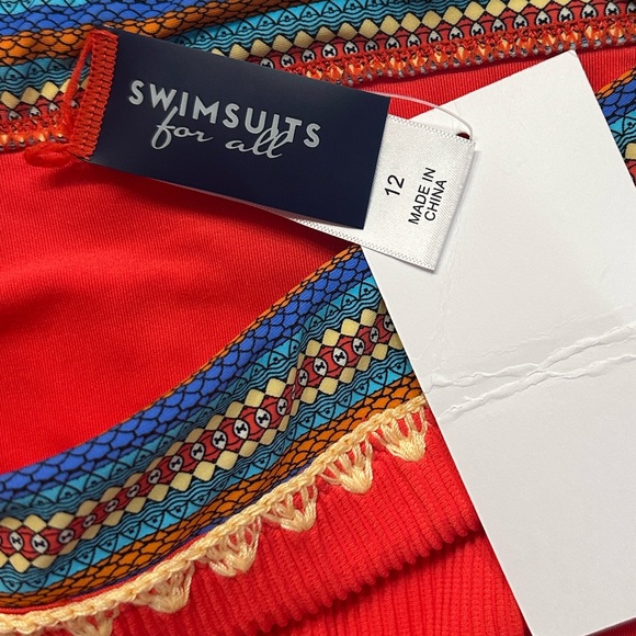 SWIMSUITS FOR ALL ~ Vibrant Red Ribbed Bikini w/Geometric Trim Adjustable Straps - Picture 2 of 11